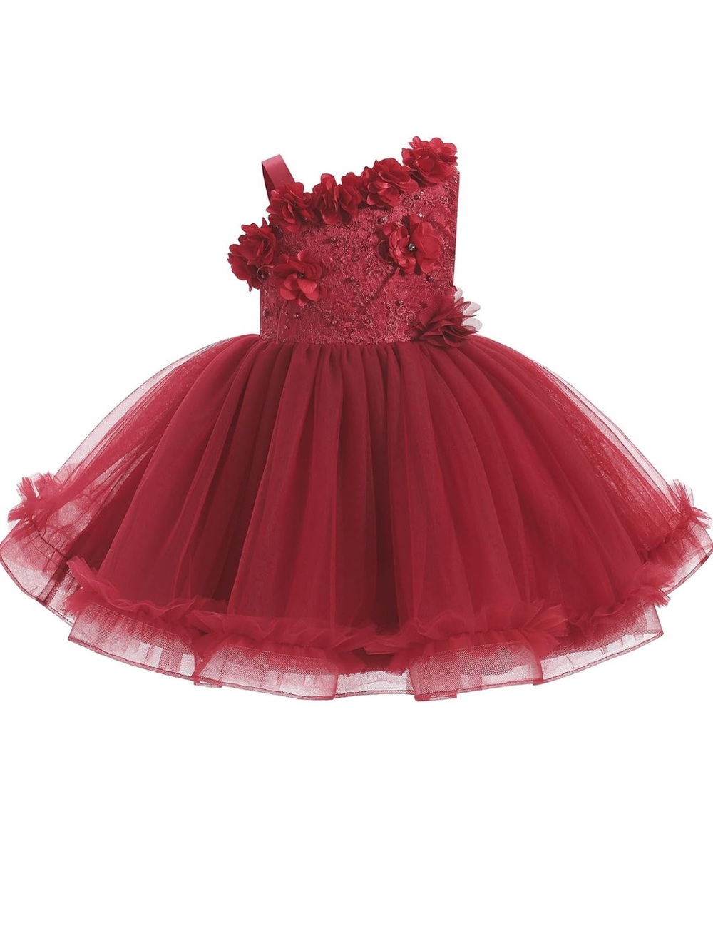 Amazon Girls' Red Floral One-Shoulder Tulle Dress